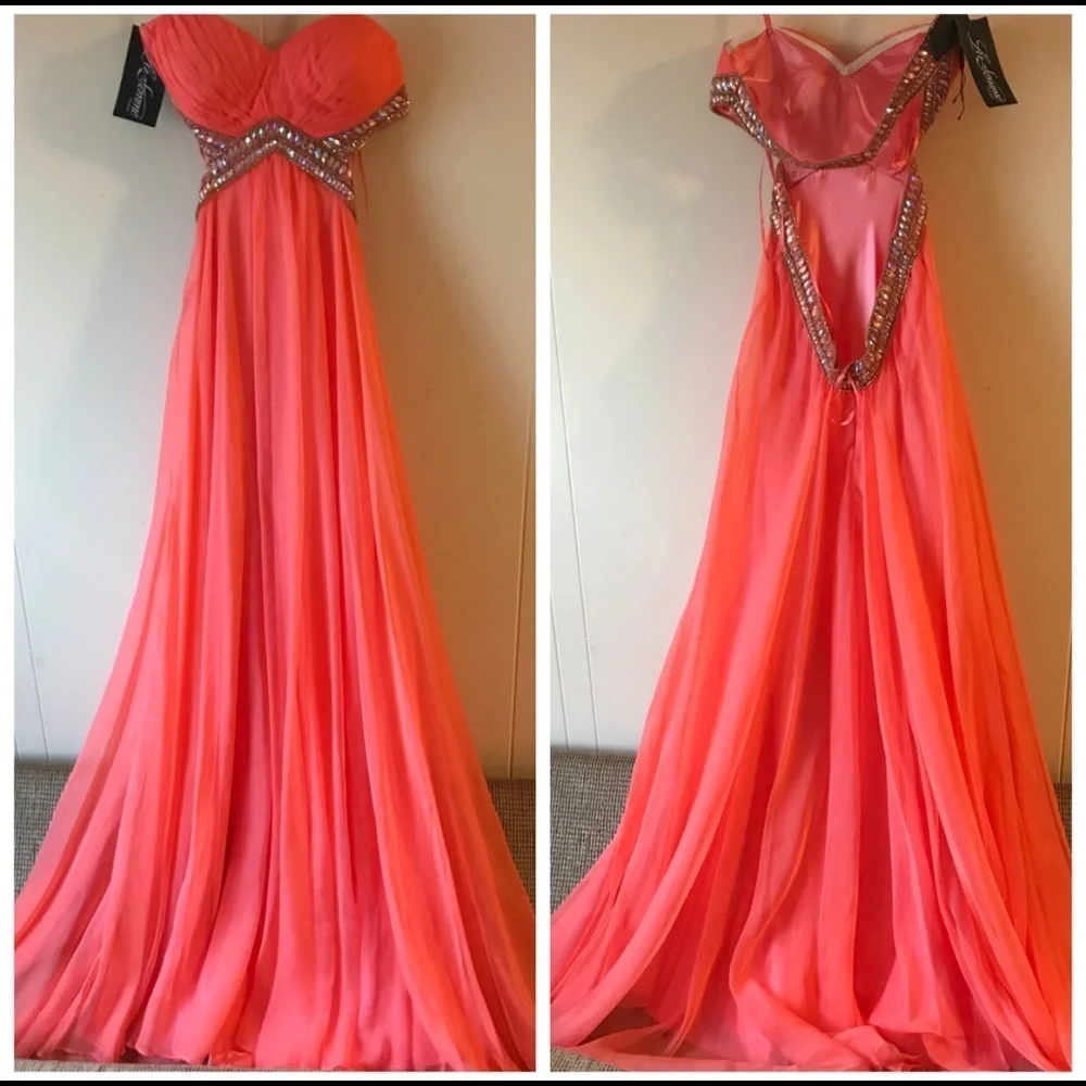 La Femme Strapless Coral Embellished Dress Gown